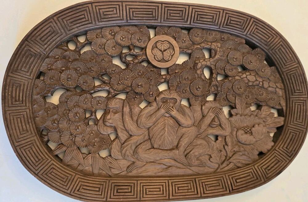 Vintage Hand Carved Wood Three Wise Monkeys Wall Plaque Lotus 21x14 Decor